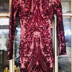 Sexy redish maroon, long sleeve sequin fitted gown
